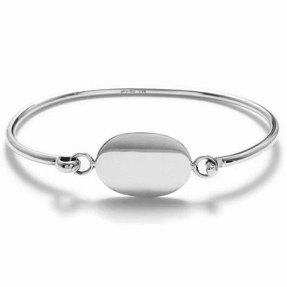 MODERN STERLING SILVER 7" BANGLE BRACELET WITH ENGRAVABLE OVAL PLATE.